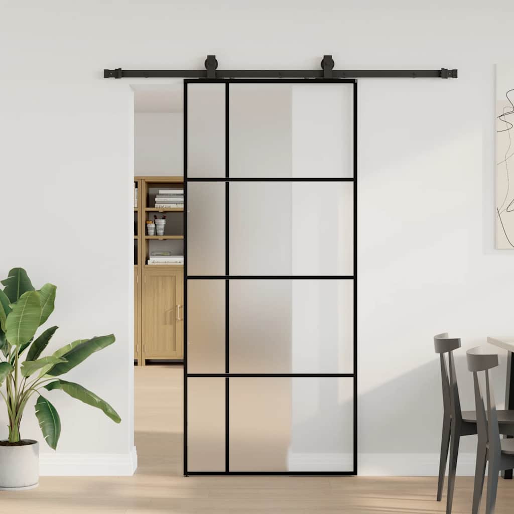 Skyvedør med monteringssett svart 90x205 cm ESG-glass