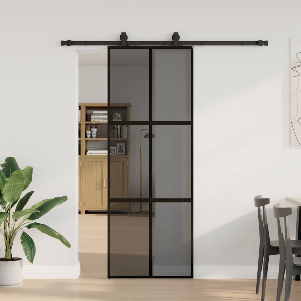 Skyvedør med monteringssett svart 76x205 cm herdet glass
