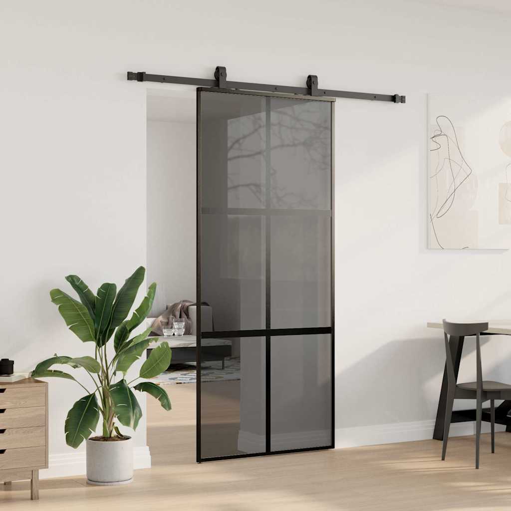 Skyvedør med monteringssett svart 90x205 cm herdet glass