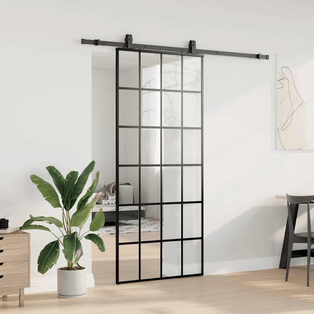 Skyvedør med monteringssett svart 90x205 cm ESG-glass vidaXL