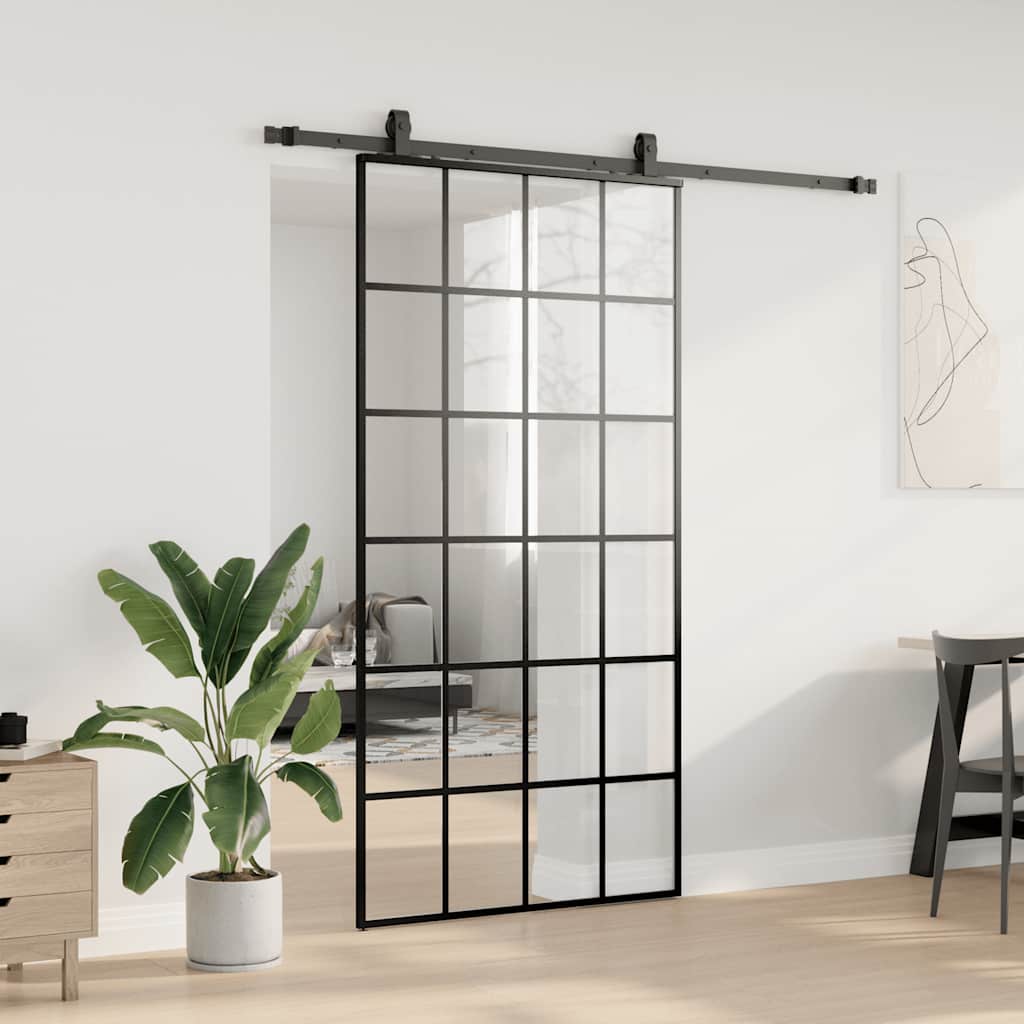 Skyvedør med monteringssett svart 102x205 cm ESG-glass