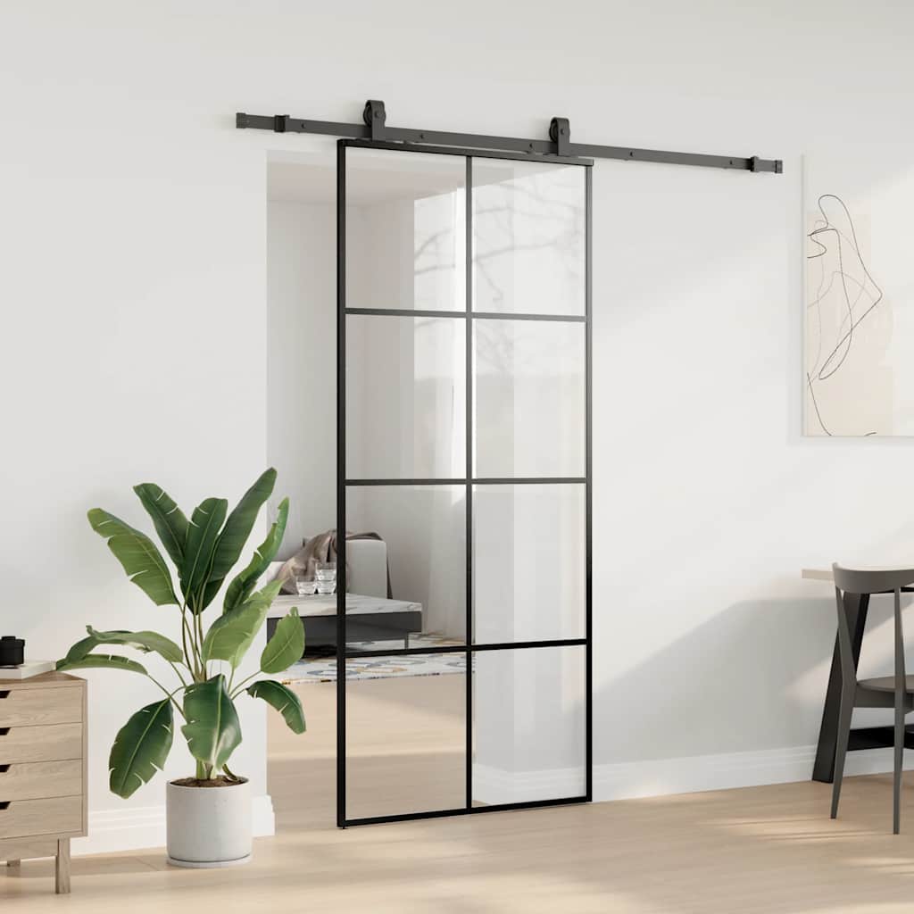 Skyvedør med monteringssett svart 90x205 cm ESG-glass