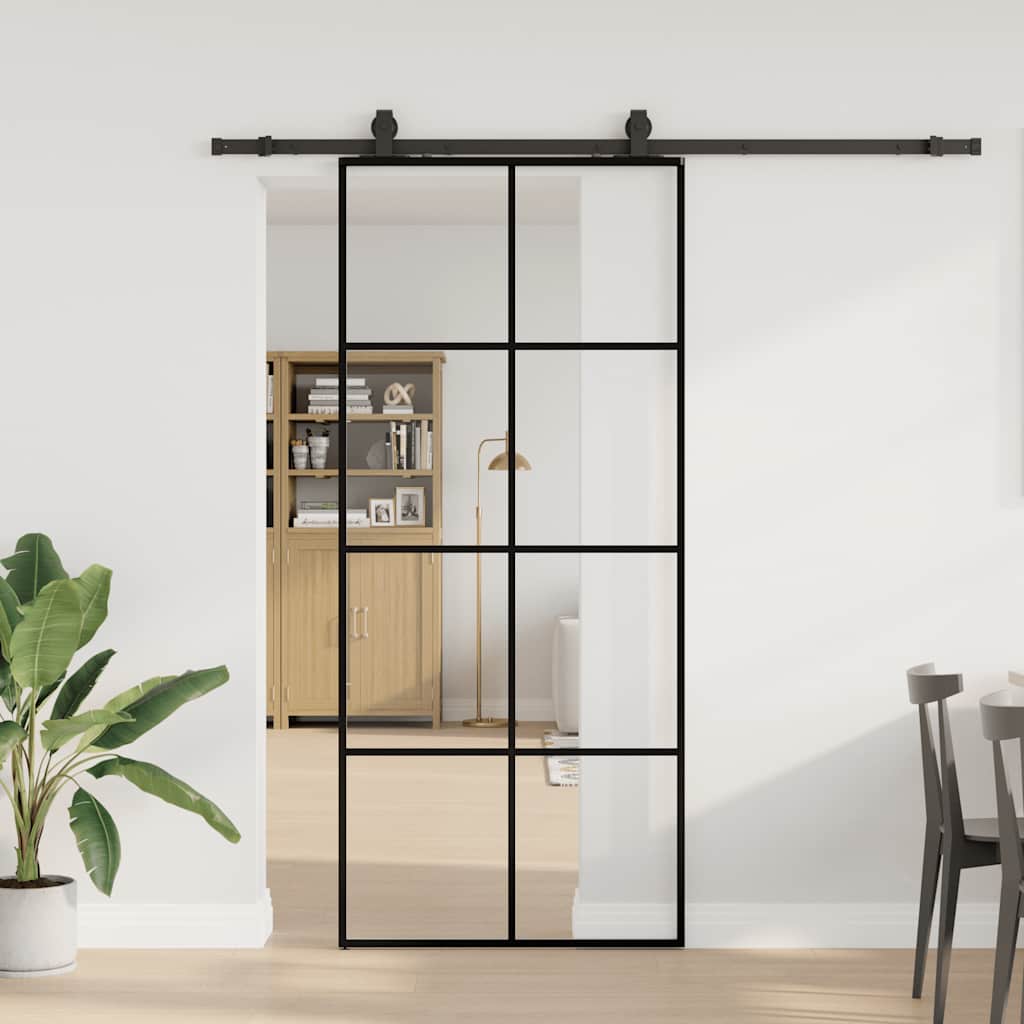 Skyvedør med monteringssett svart 90x205 cm ESG-glass