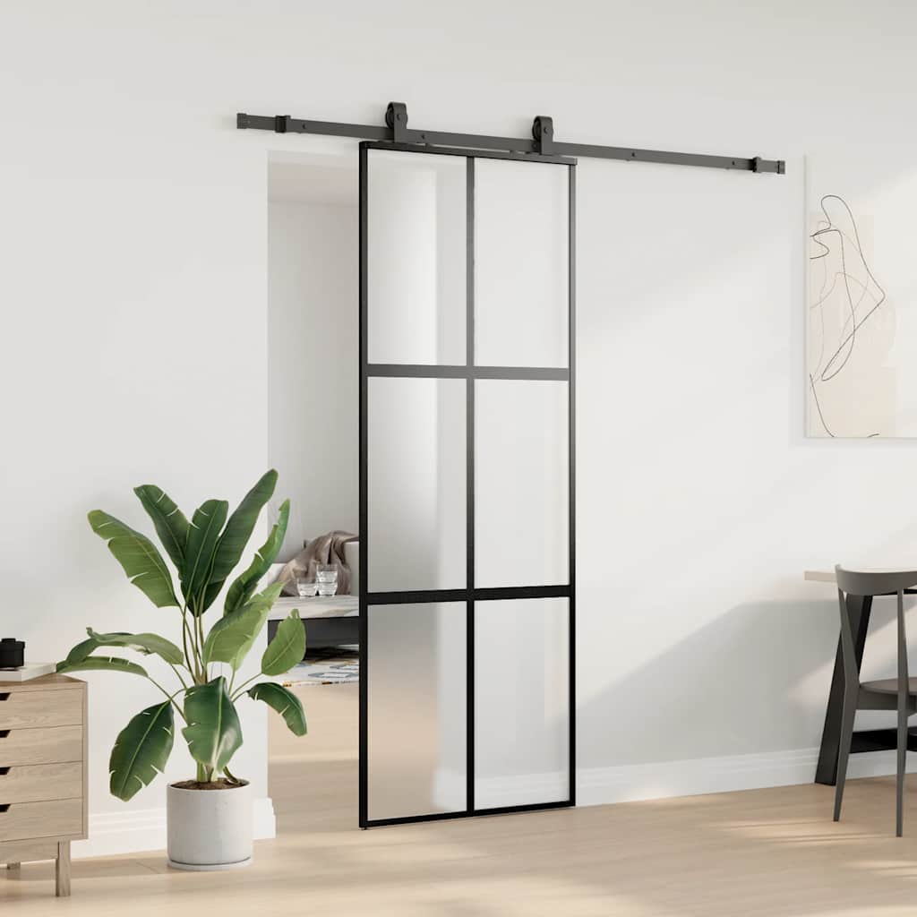 Skyvedør med monteringssett svart 76x205 cm herdet glass