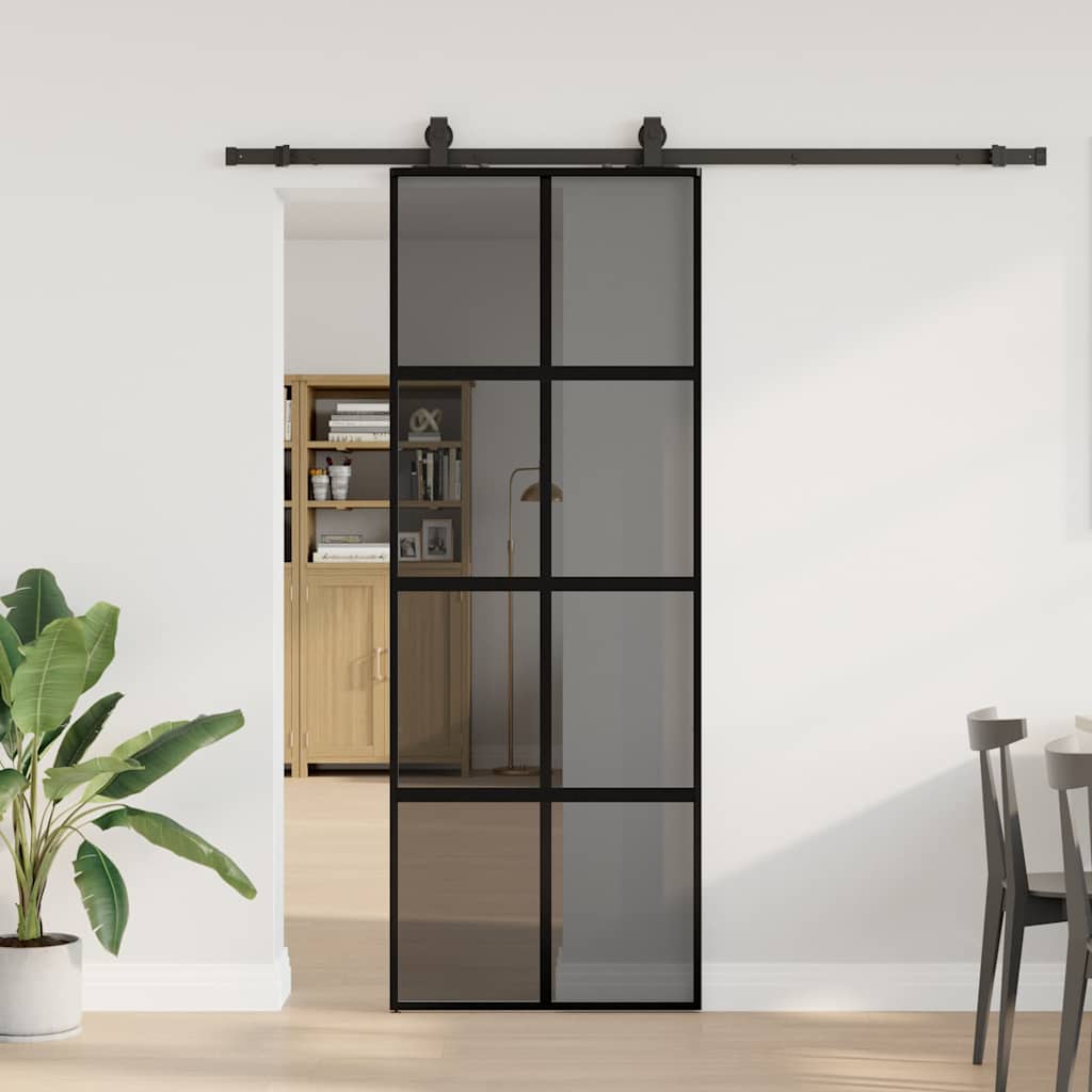 Skyvedør med monteringssett svart 76x205 cm herdet glass