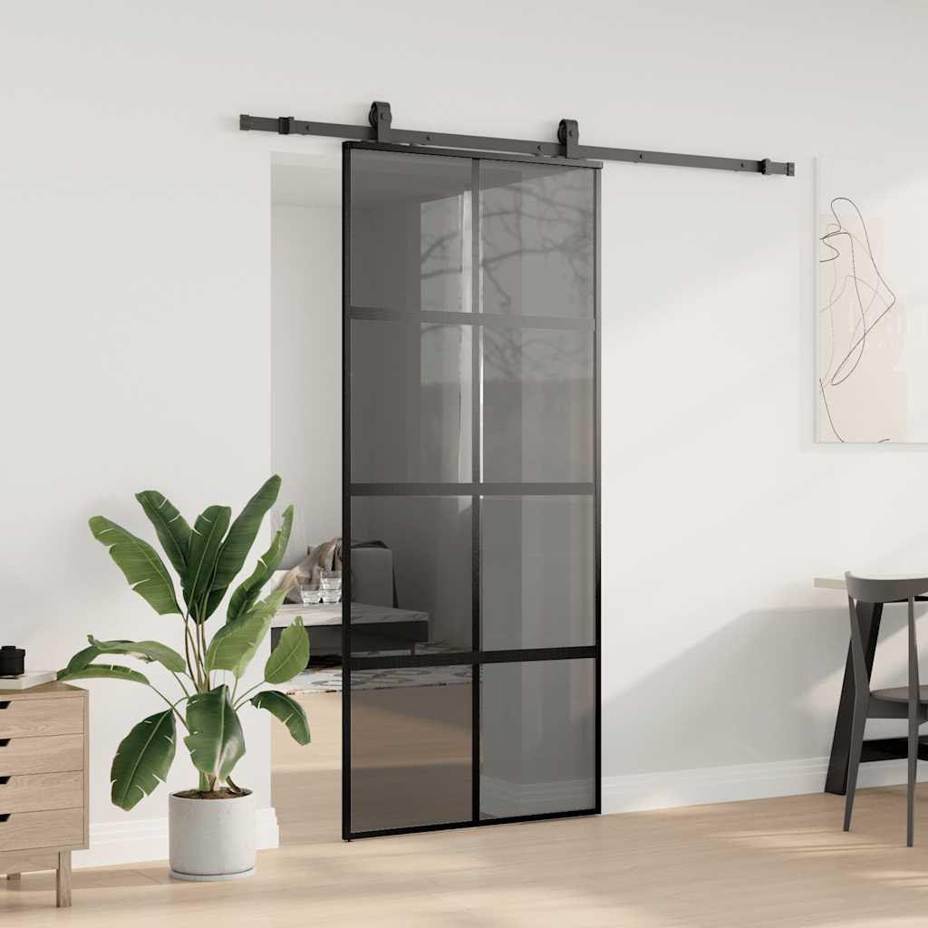 Skyvedør med monteringssett svart 90x205 cm herdet glass