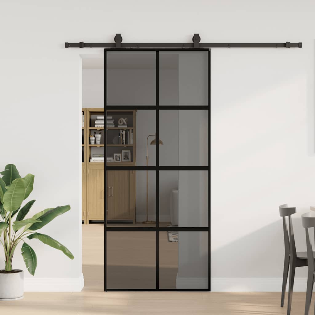 Skyvedør med monteringssett svart 90x205 cm herdet glass