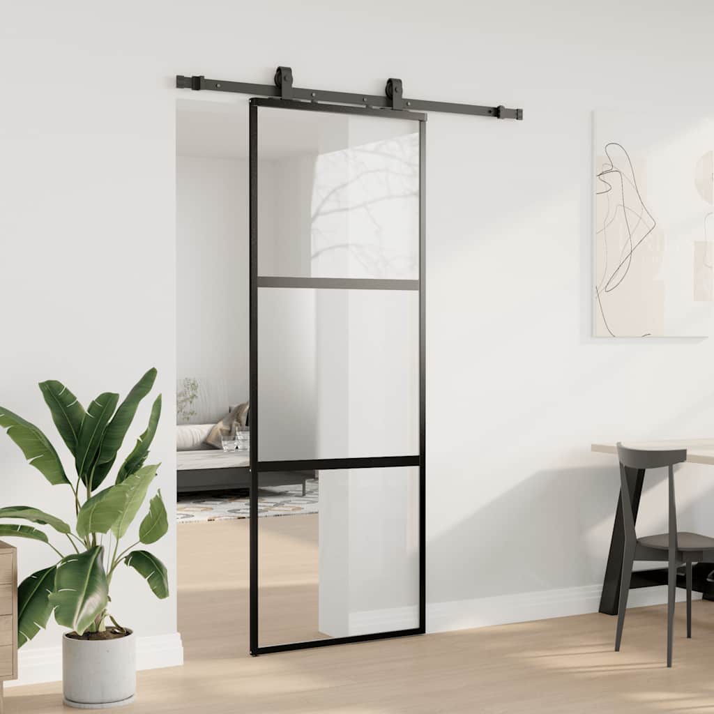 Skyvedør med monteringssett svart 76x205 cm herdet glass