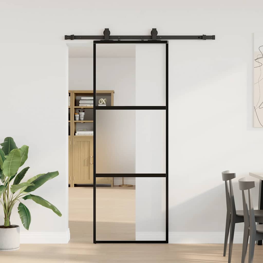 Skyvedør med monteringssett svart 76x205 cm herdet glass