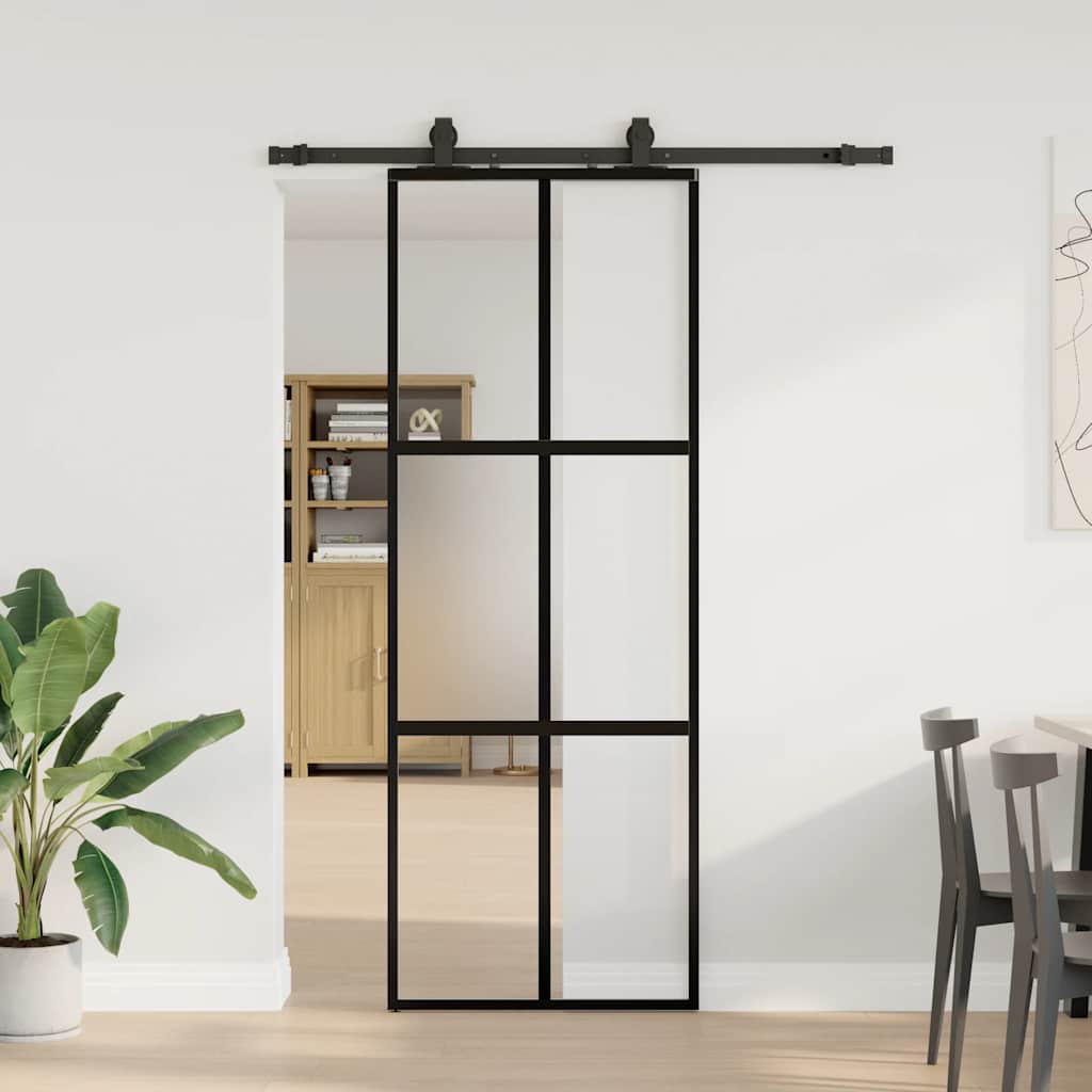 Skyvedør med monteringssett svart 76x205 cm herdet glass