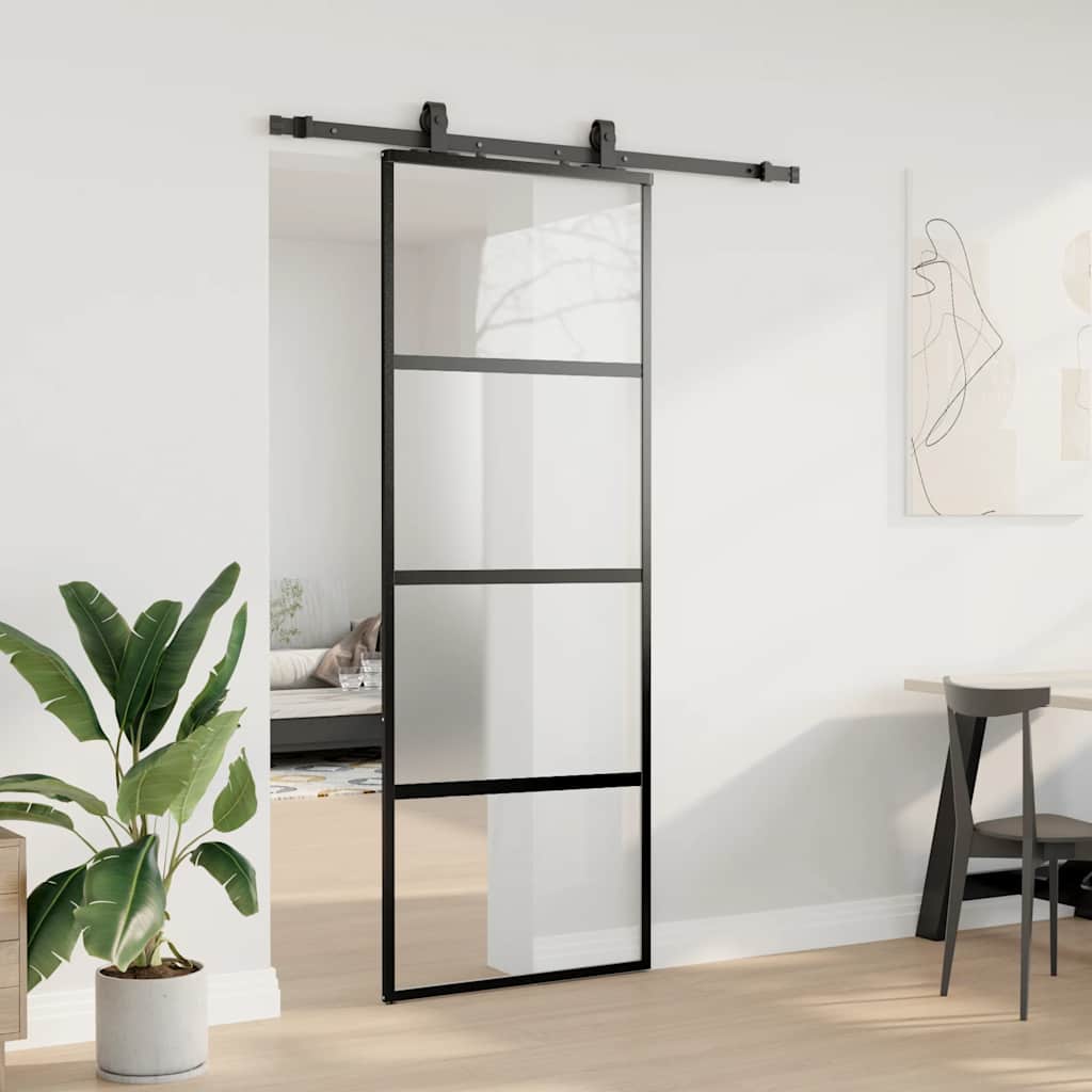 Skyvedør med monteringssett svart 76x205 cm herdet glass