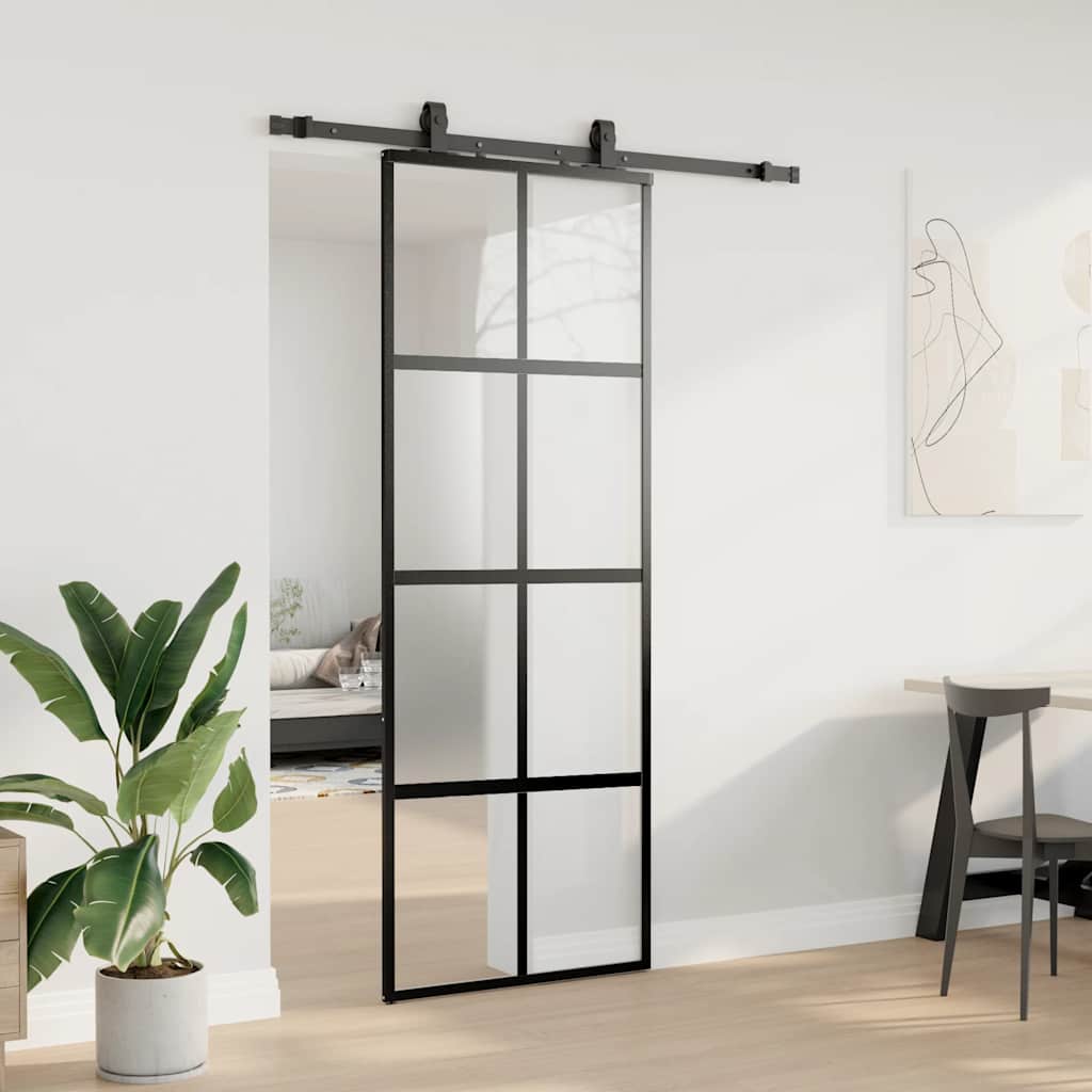 Skyvedør med monteringssett svart 76x205 cm herdet glass