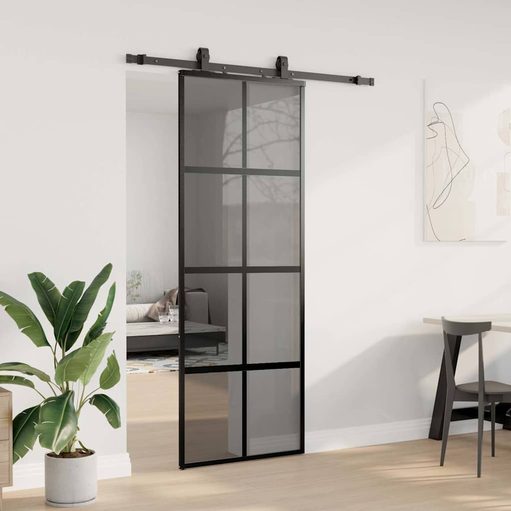 Skyvedør med monteringssett svart 76x205 cm herdet glass