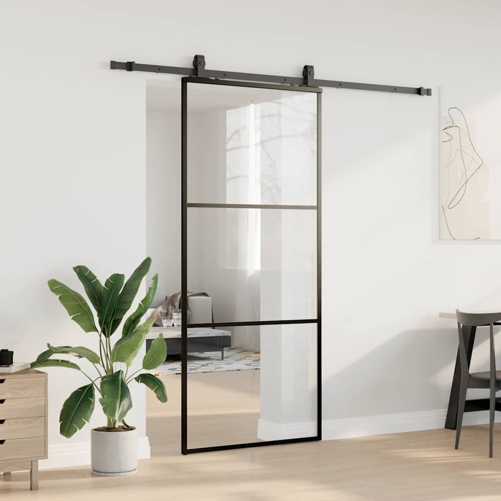 Skyvedør med monteringssett svart 90x205 cm ESG-glass