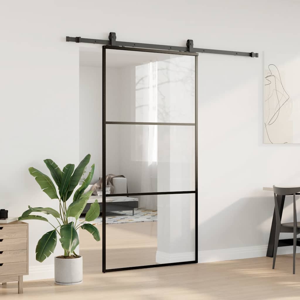 Skyvedør med monteringssett svart 102x205 cm ESG-glass