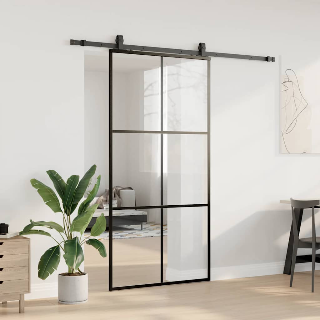 Skyvedør med monteringssett svart 102x205 cm ESG-glass