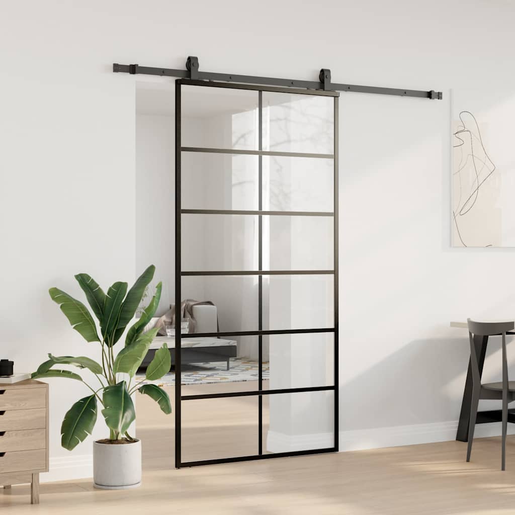 Skyvedør med monteringssett svart 102x205 cm ESG-glass