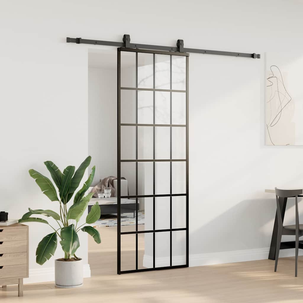 Skyvedør med monteringssett svart 76x205 cm ESG-glass