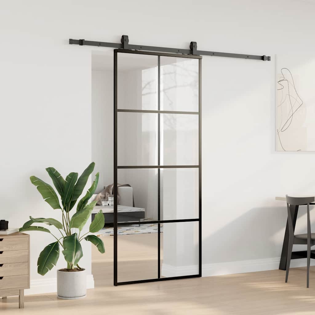 Skyvedør med monteringssett svart 90x205 cm ESG-glass