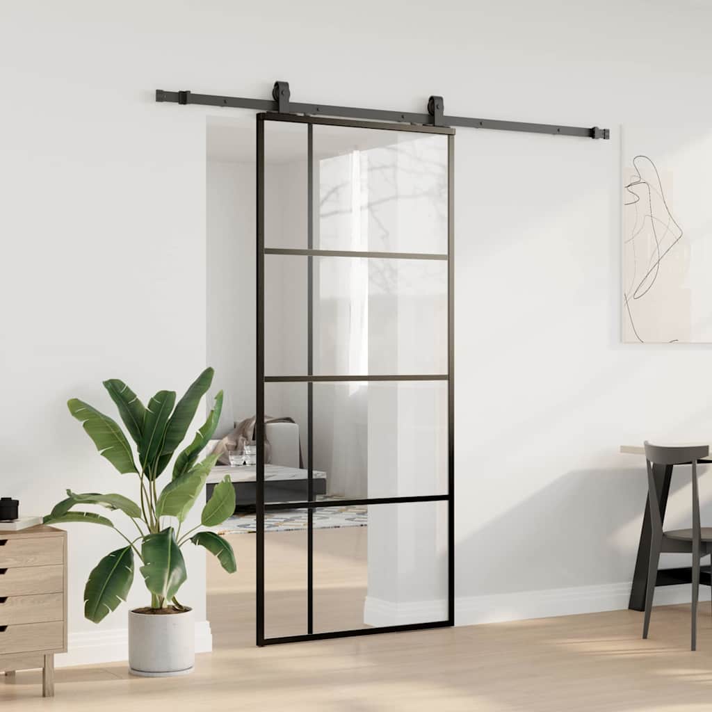 Skyvedør med monteringssett svart 90x205 cm ESG-glass
