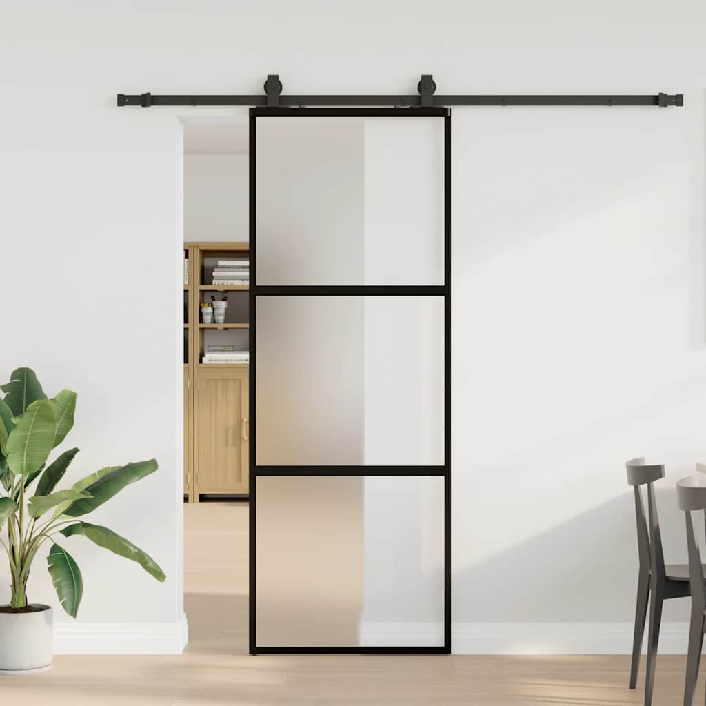Skyvedør med monteringssett svart 76x205 cm herdet glass