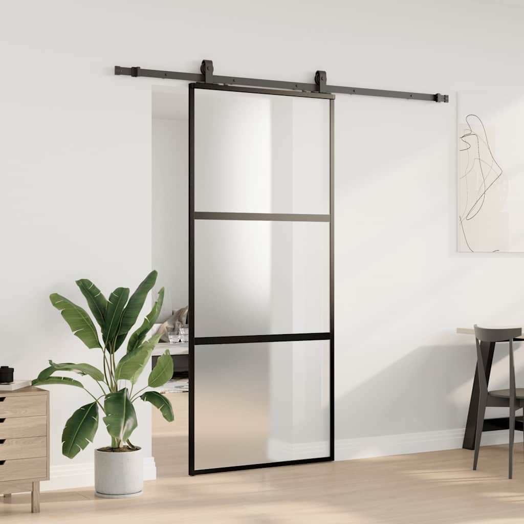 Skyvedør med monteringssett svart 90x205 cm herdet glass