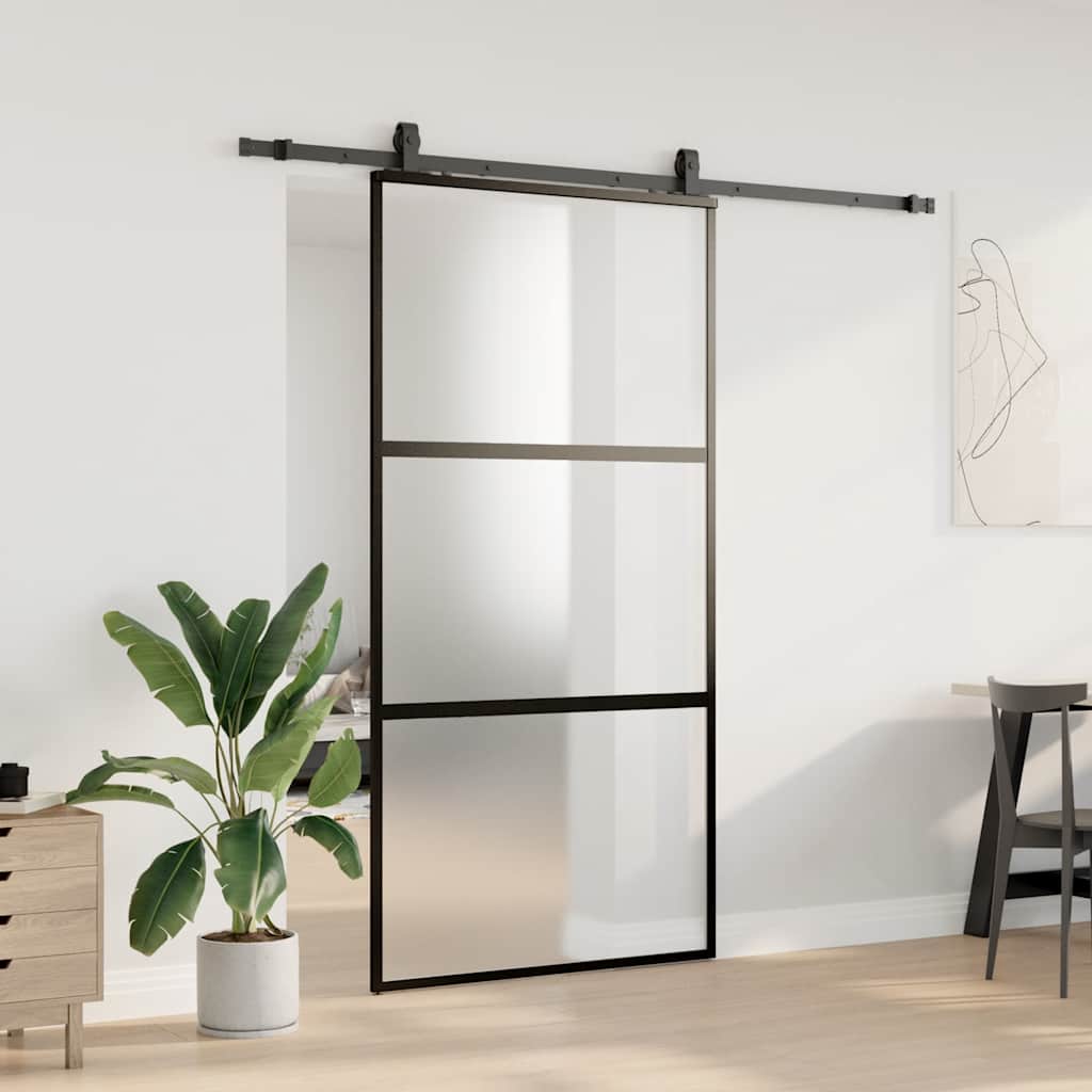 Skyvedør med monteringssett svart 102,5x205 cm herdet glass