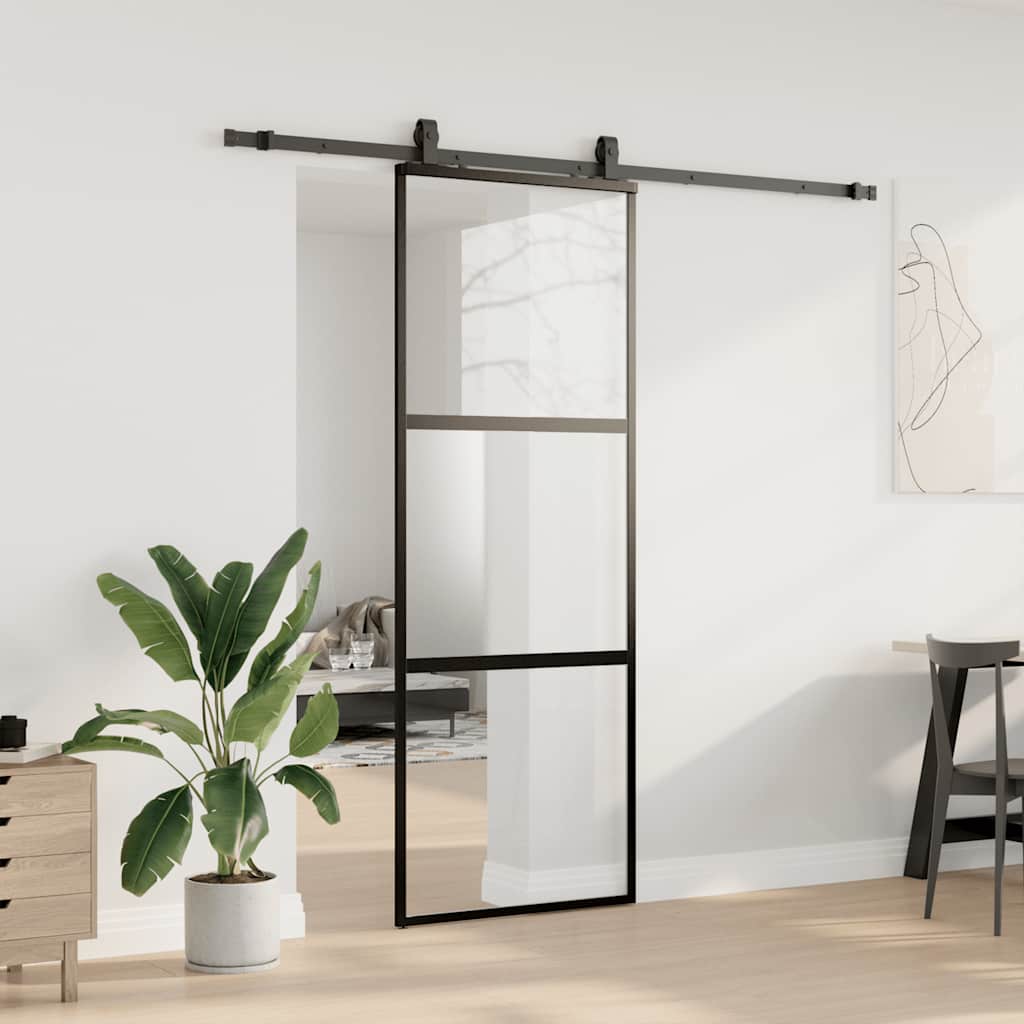 Skyvedør med monteringssett svart 76x205 cm herdet glass