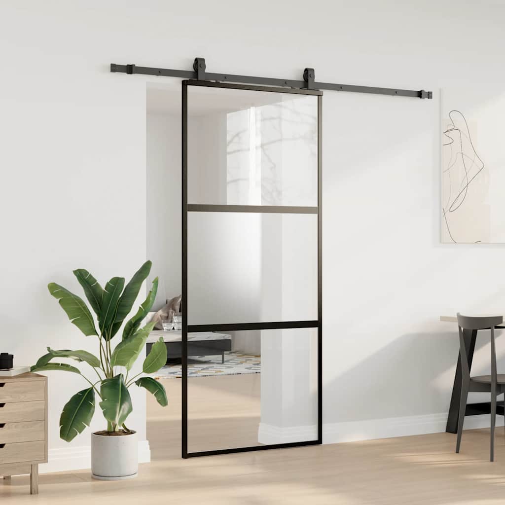 Skyvedør med monteringssett svart 90x205 cm herdet glass