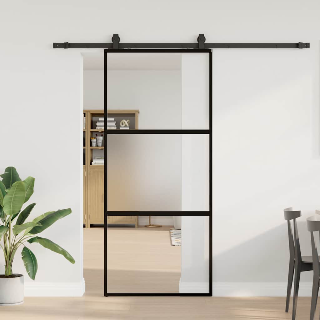 Skyvedør med monteringssett svart 90x205 cm herdet glass