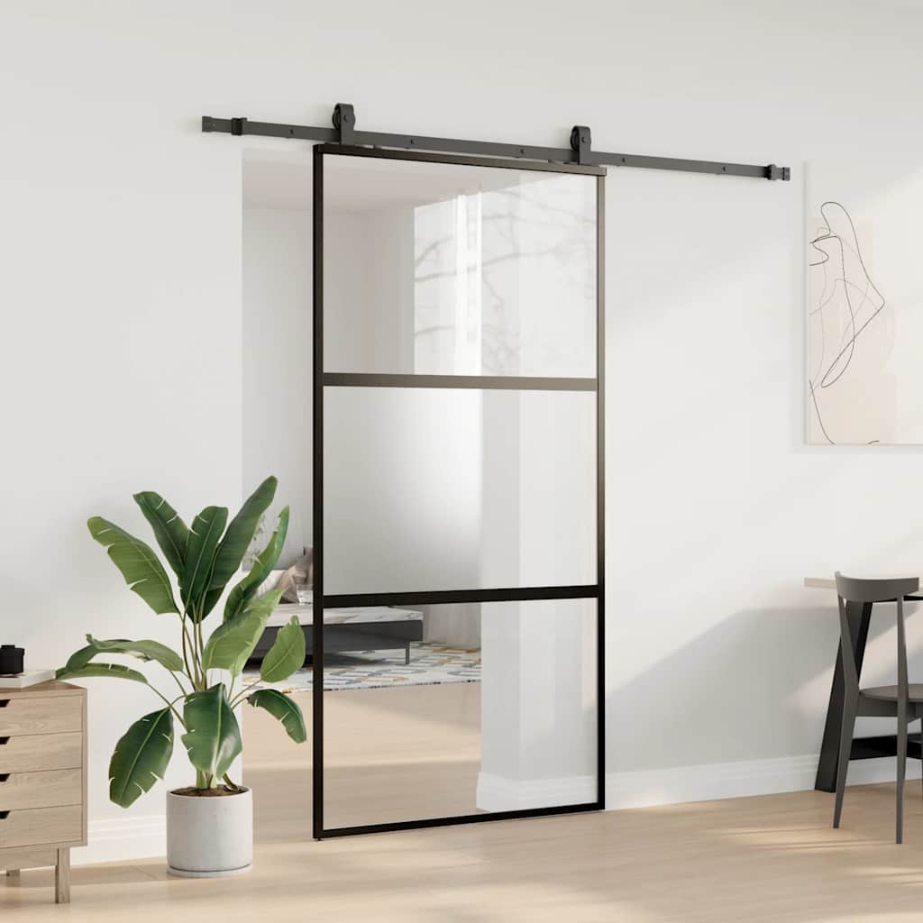 Skyvedør med monteringssett svart 102,5x205 cm herdet glass