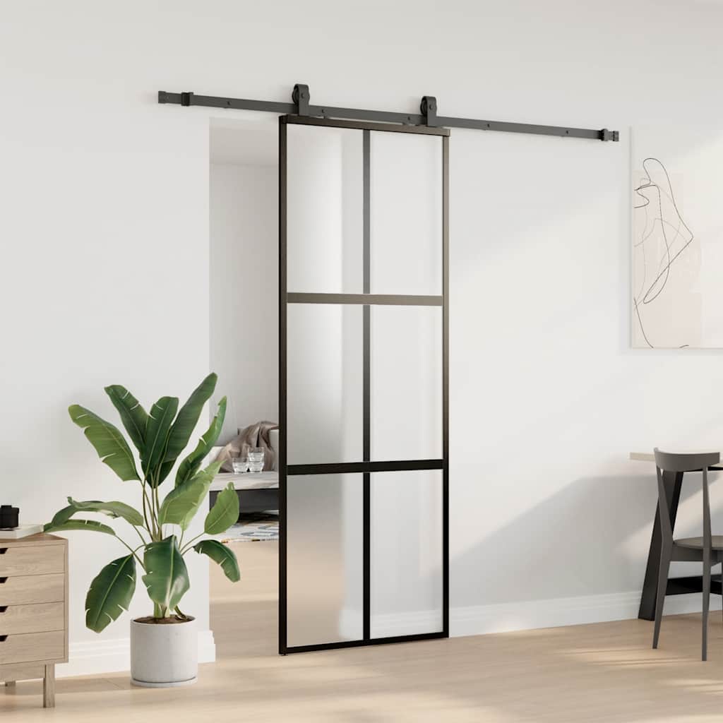 Skyvedør med monteringssett svart 76x205 cm herdet glass