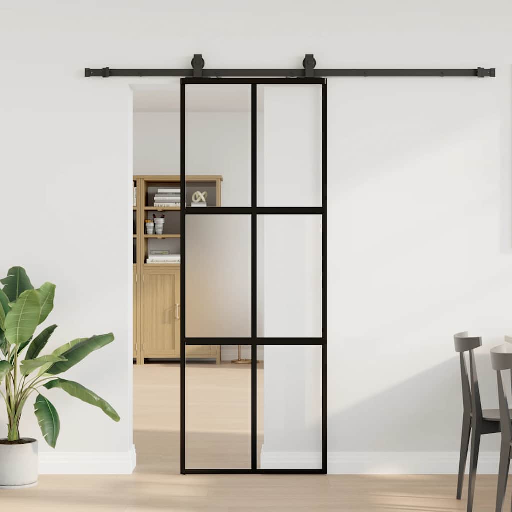 Skyvedør med monteringssett svart 76x205 cm herdet glass