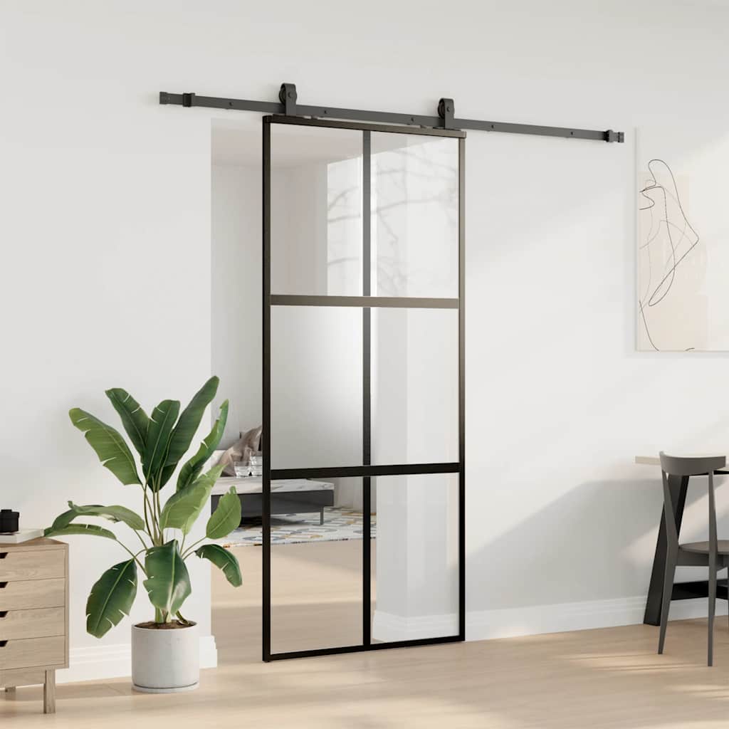 Skyvedør med monteringssett svart 90x205 cm herdet glass
