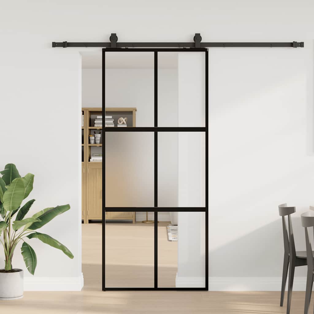 Skyvedør med monteringssett svart 90x205 cm herdet glass