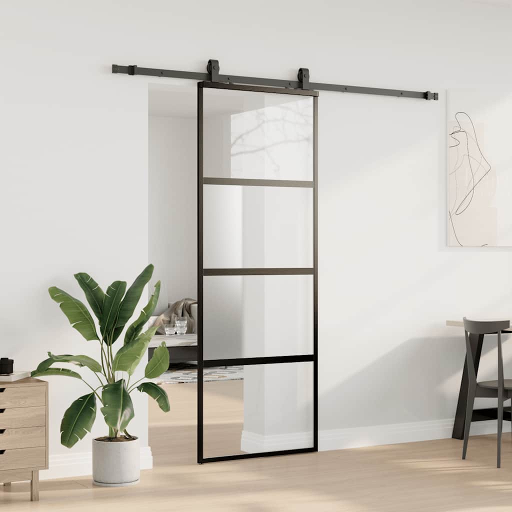 Skyvedør med monteringssett svart 76x205 cm herdet glass