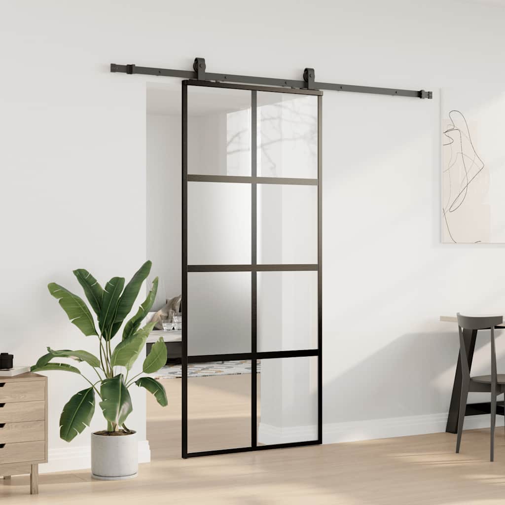 Skyvedør med monteringssett svart 90x205 cm herdet glass