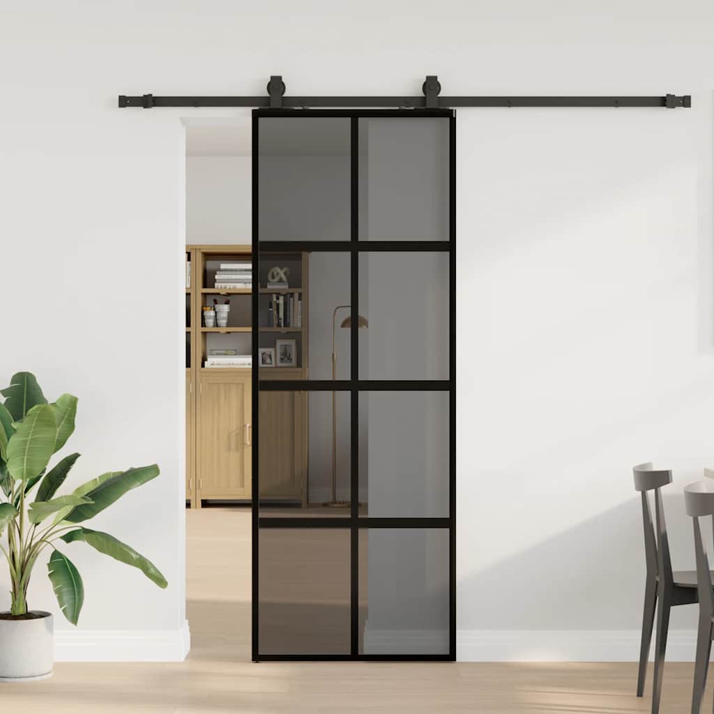 Skyvedør med monteringssett svart 76x205 cm herdet glass