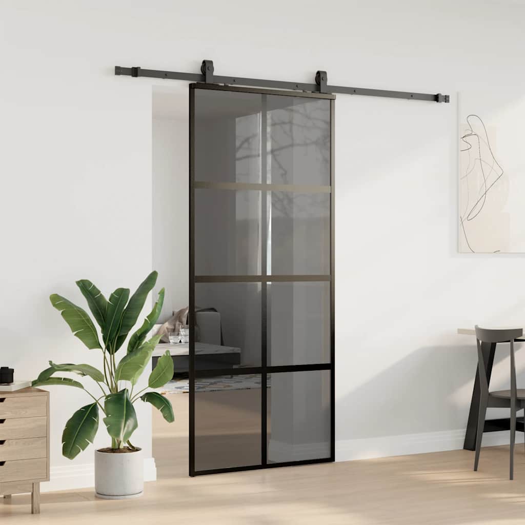 Skyvedør med monteringssett svart 90x205 cm herdet glass