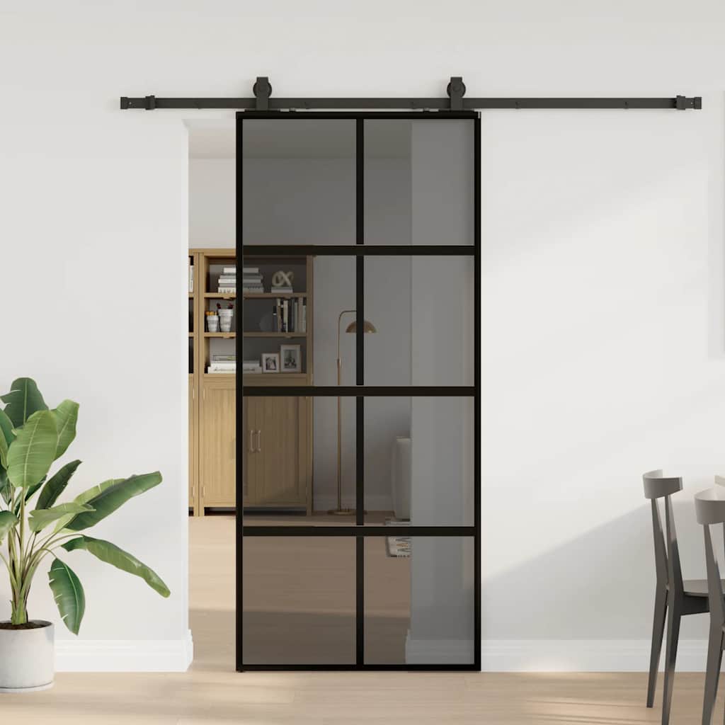 Skyvedør med monteringssett svart 90x205 cm herdet glass
