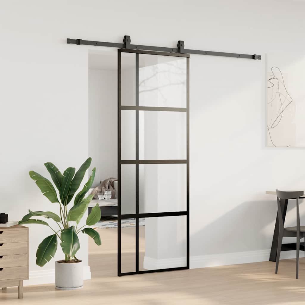 Skyvedør med monteringssett svart 76x205 cm herdet glass