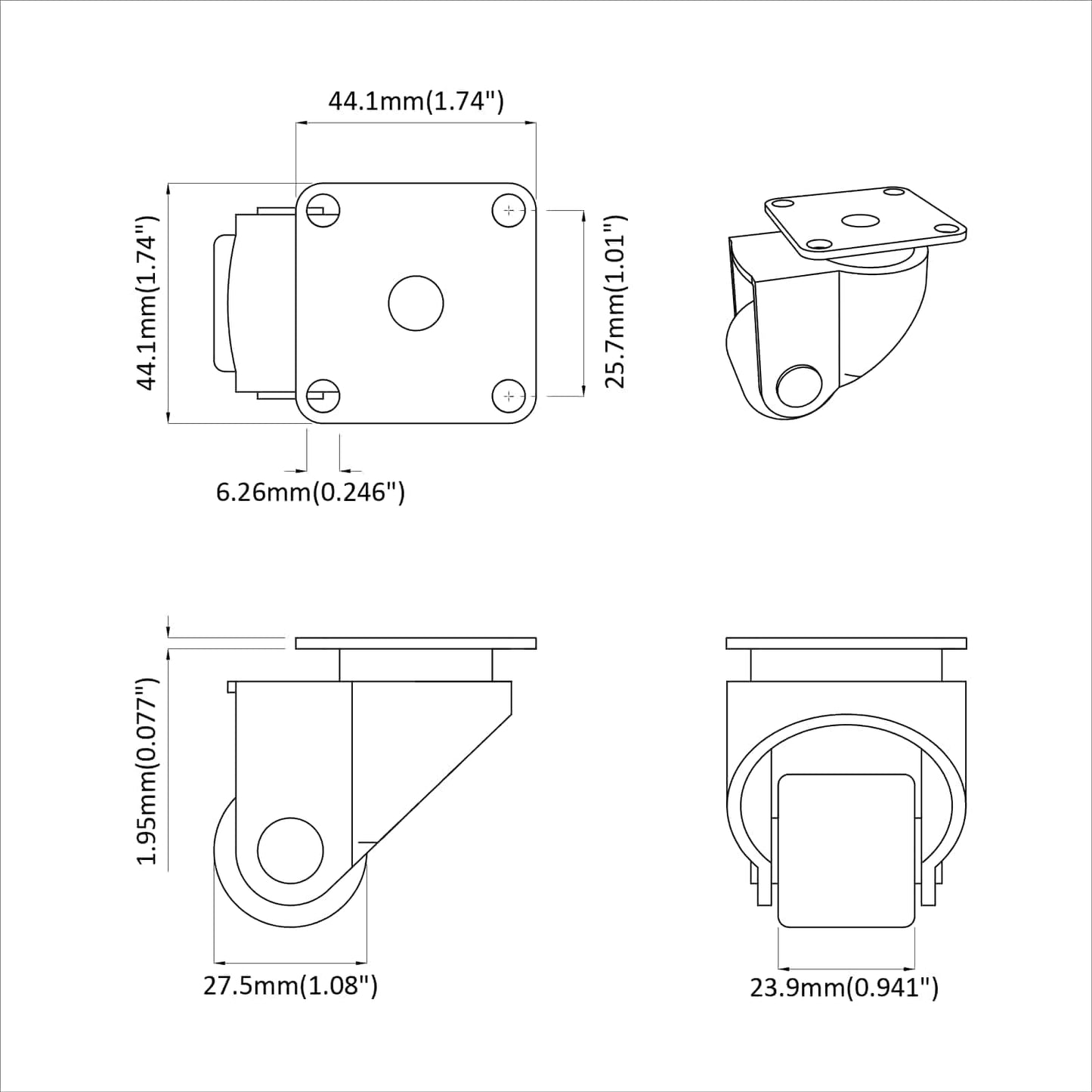 Hjul 2 pcs sølv 44,1 x 44,1 x 1,95 mm Nylon