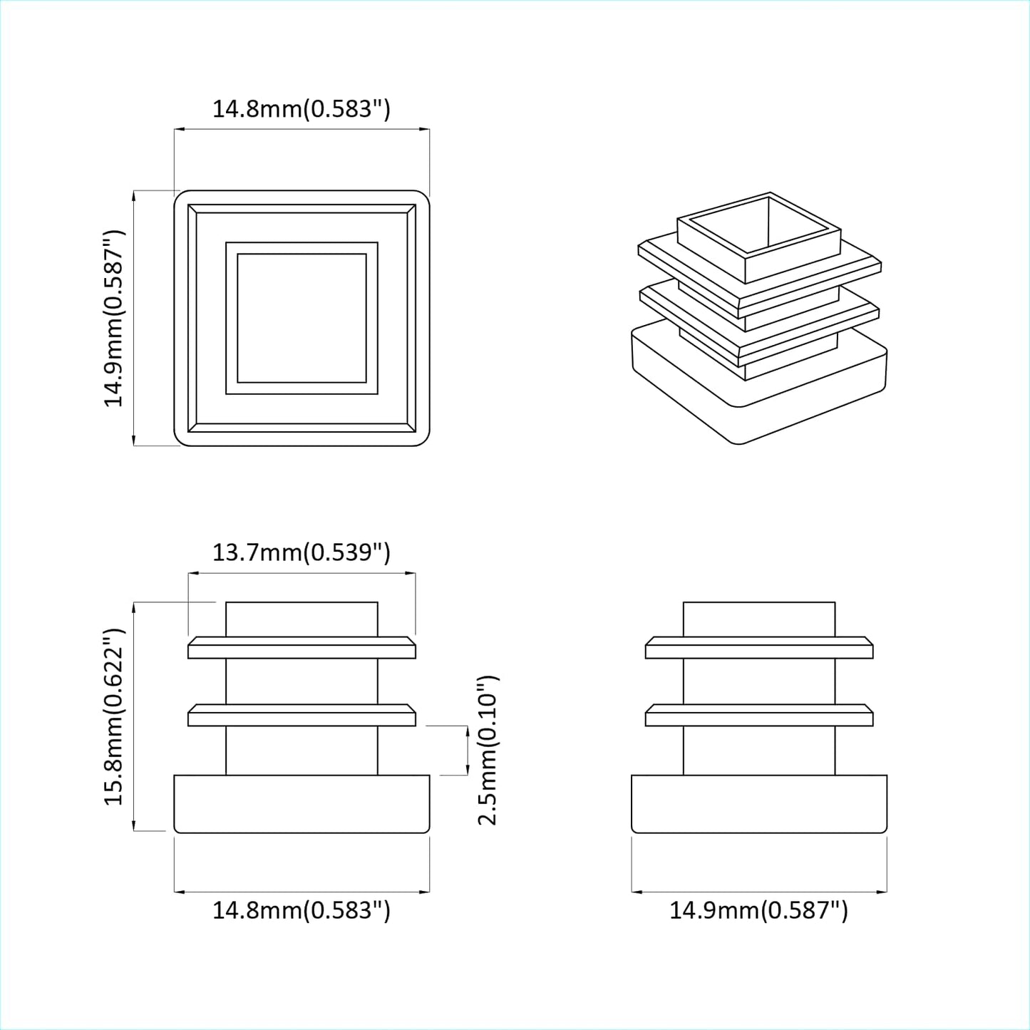 Endelokk 12 pcs Svart 15 x 15 x 15 mm PP