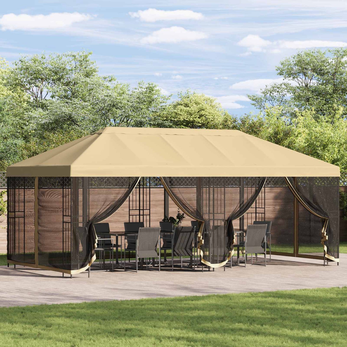 Paviljong med sidevegger 6 x 3 m Krem Polyester og stål 190