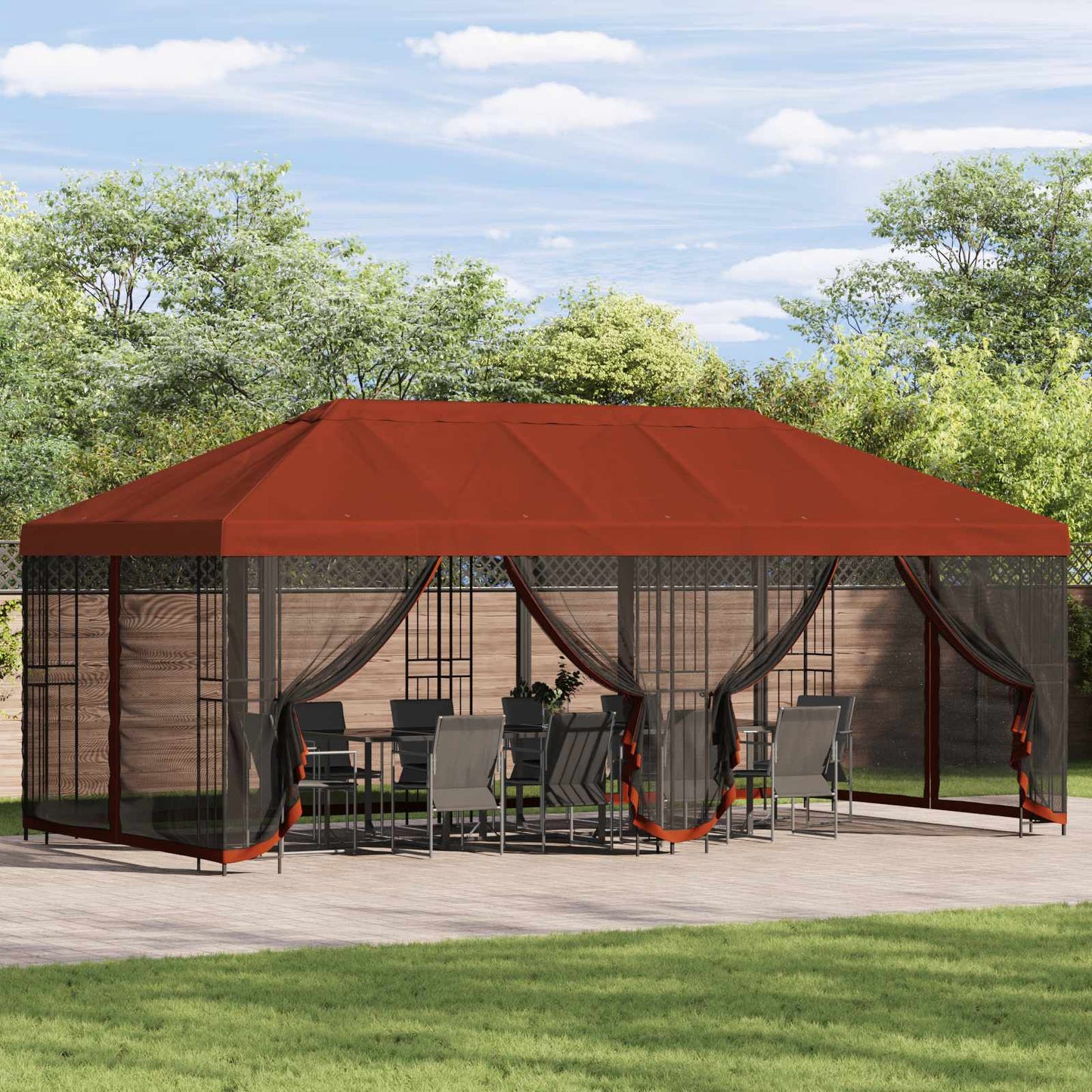 Paviljong med sidevegger 6 x 3 m Terrakotta Polyester og stål