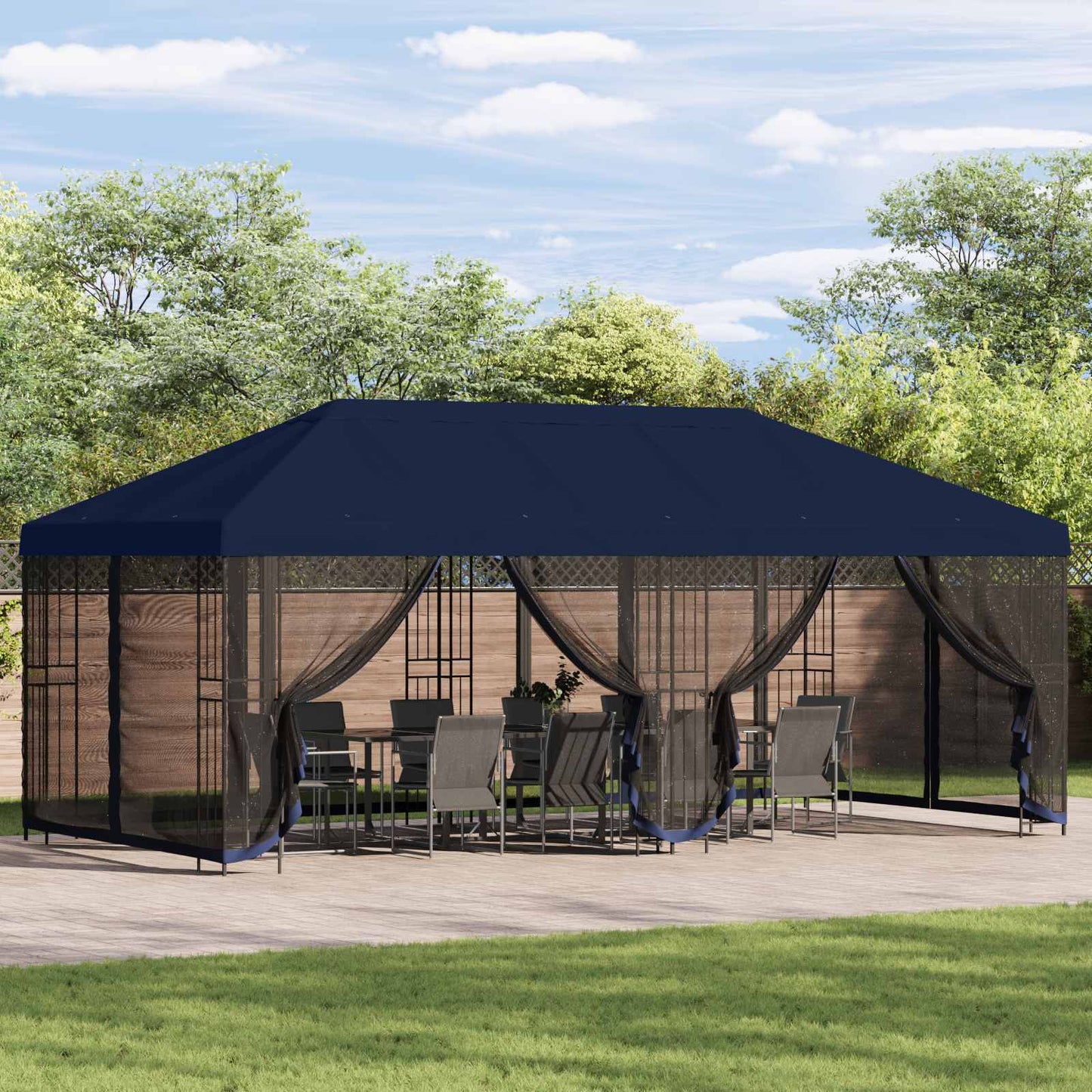 Paviljong med sidevegger 6 x 3 m Blå Polyester og stål 190