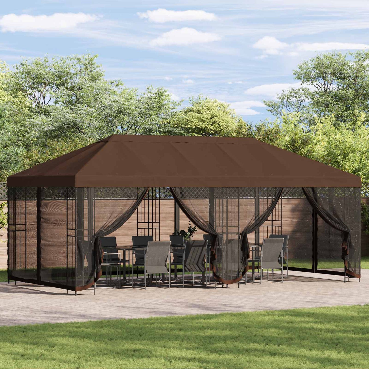 Paviljong med sidevegger 6 x 3 m Brun Polyester og stål 190