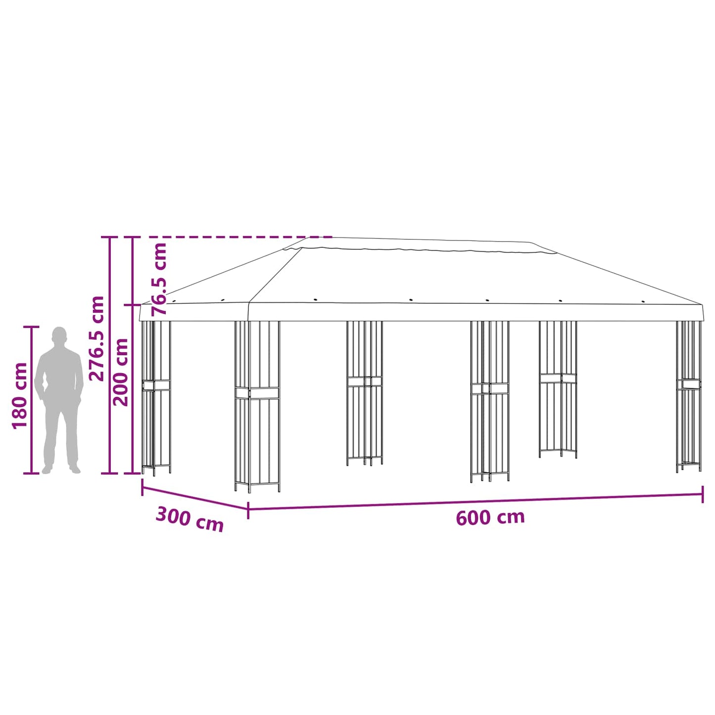 Paviljong med sidevegger 6 x 3 m Brun Polyester og stål 190