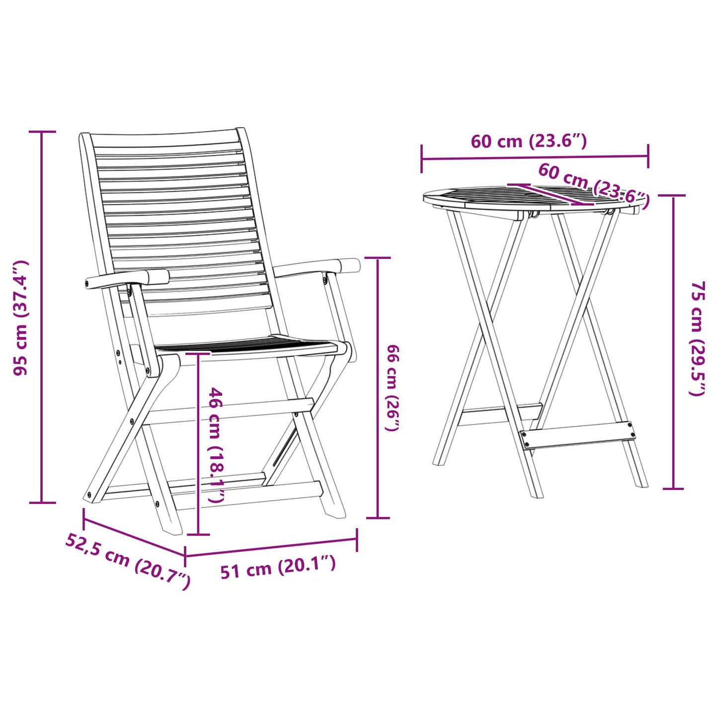 Sammenleggbart Bistrosett 3 pcs Brun Solid akasietre