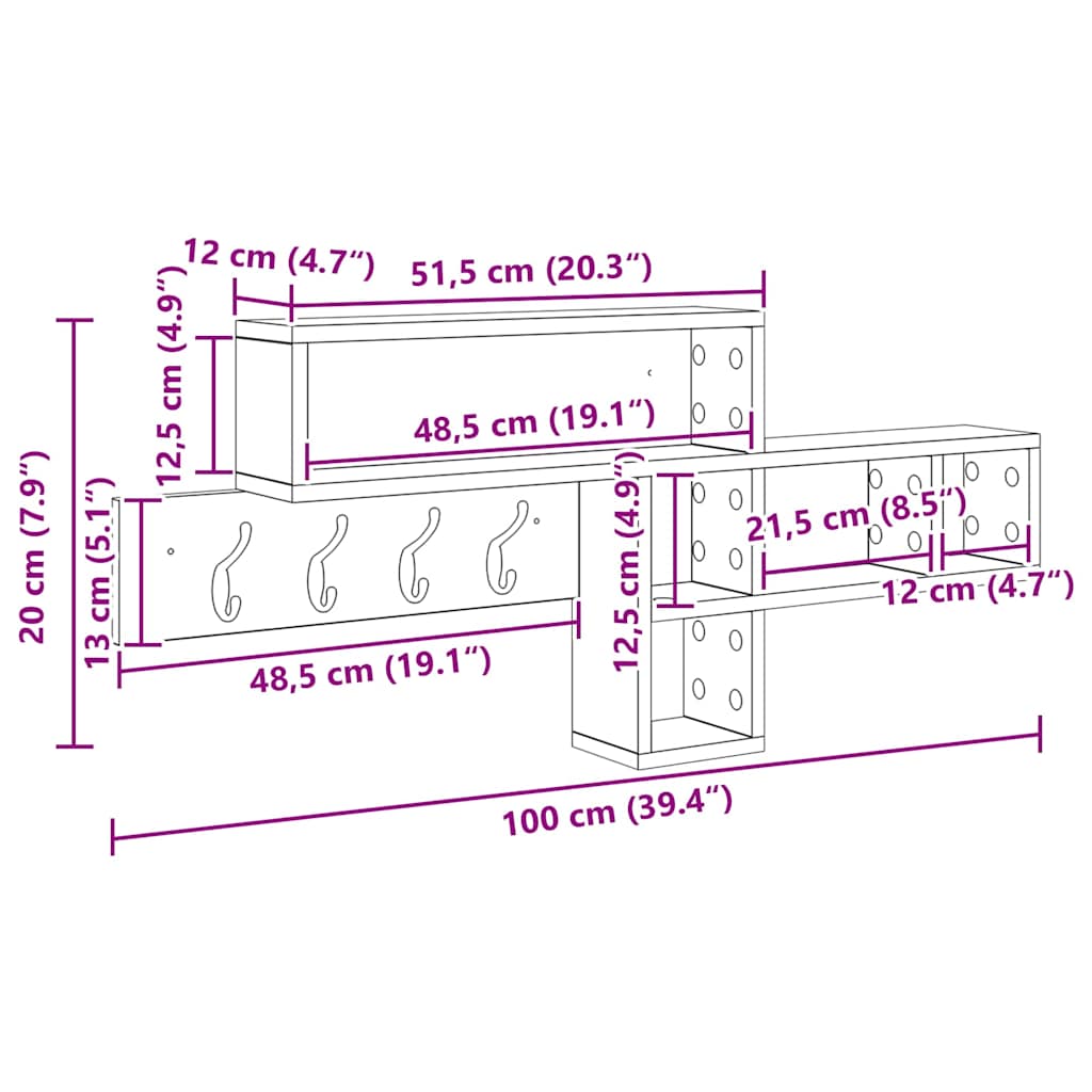 Vegghengt kleshenger med hylle Sonoma eik 100 x 12 x 43,5 cm